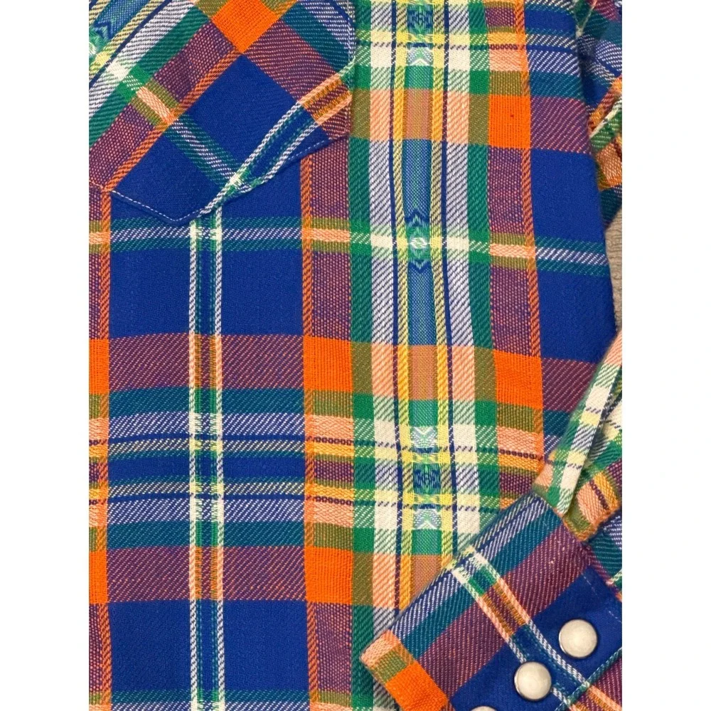 Polo Ralph Lauren‎ Mens Blue Orange Plaid Flannel Pearl Snap Western Shirt Large
